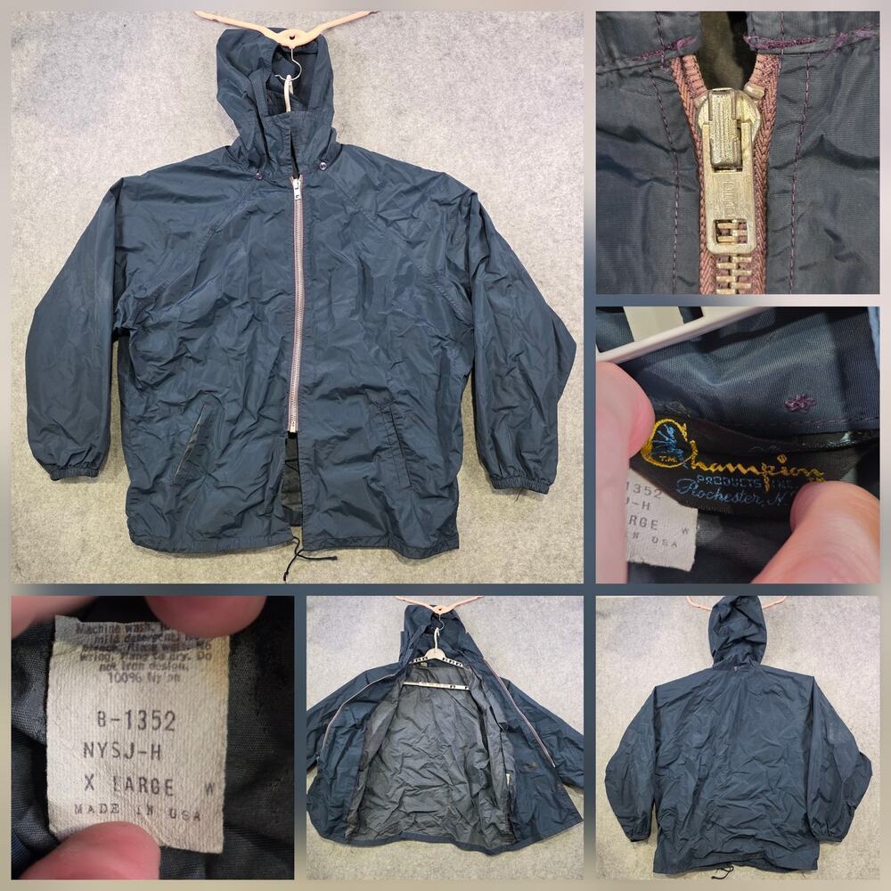 VTG Champion Running Man Jacket Mens XL‎ Blue Nylon Hooded Windbreaker Made USA